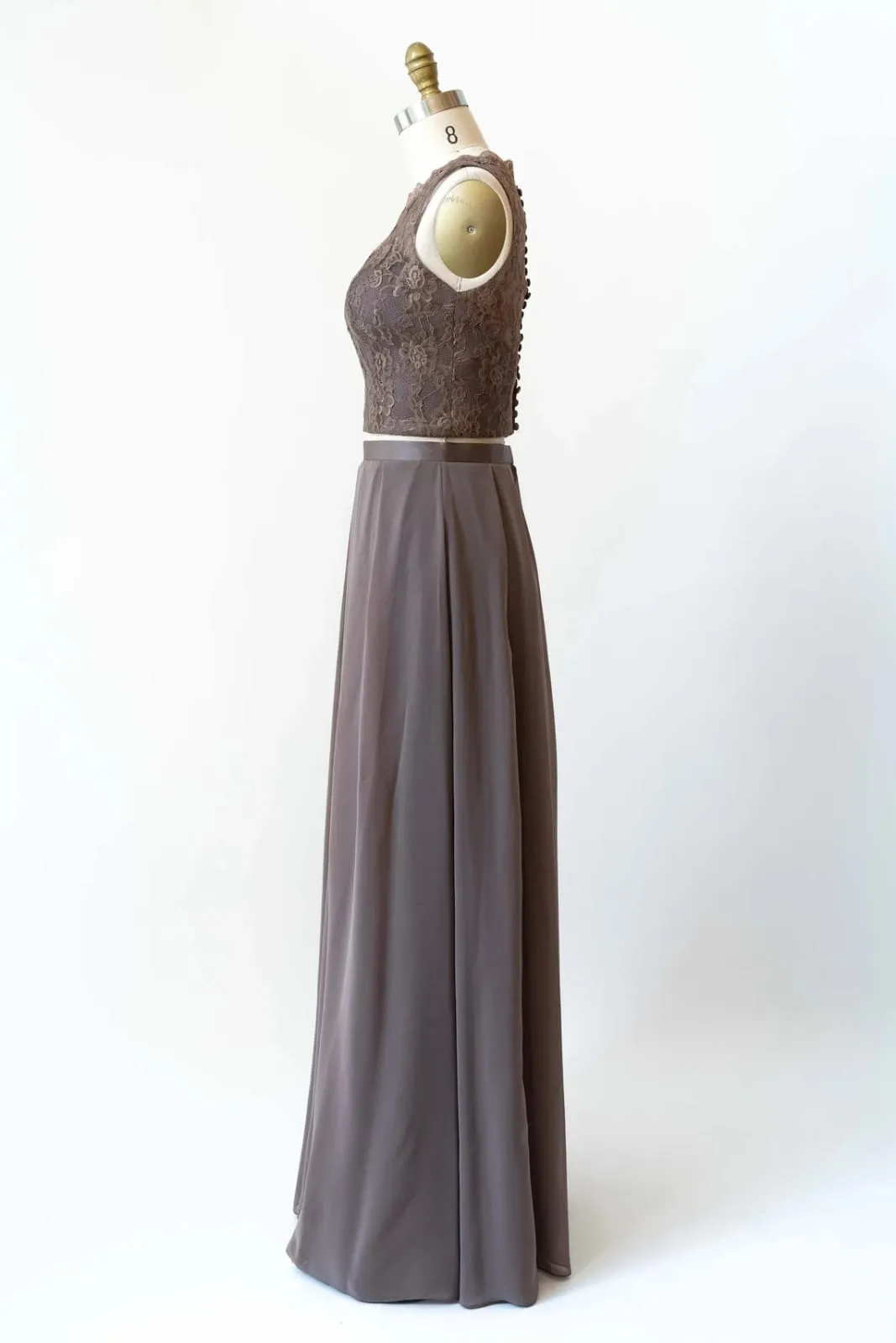 Bateau Lace Tank Chiffon Two-Piece Bridesmaid Dress, Buttons