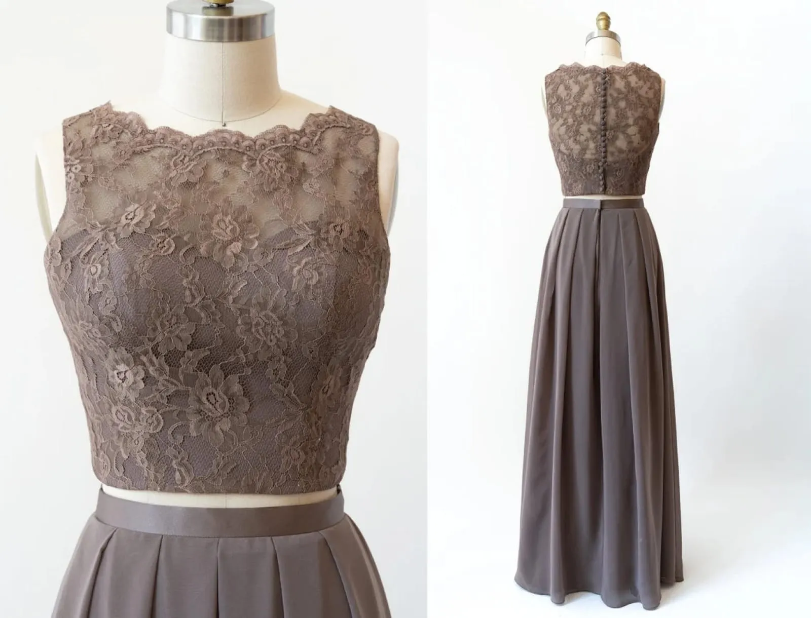 Bateau Lace Tank Chiffon Two-Piece Bridesmaid Dress, Buttons