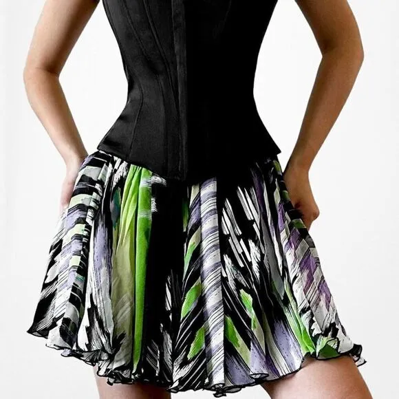 Bebe Black Silk White Purple Green Flared Pleated Skater Flowy Mini Skirt Size S