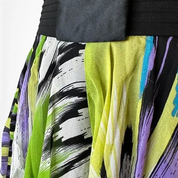 Bebe Black Silk White Purple Green Flared Pleated Skater Flowy Mini Skirt Size S