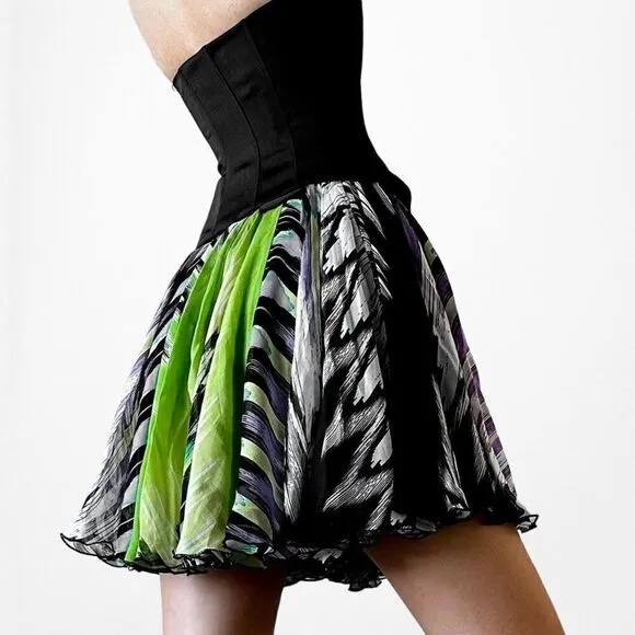 Bebe Black Silk White Purple Green Flared Pleated Skater Flowy Mini Skirt Size S