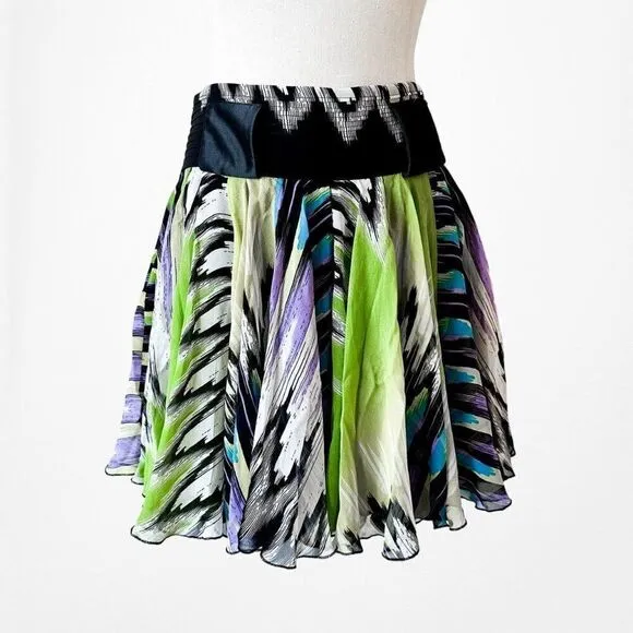 Bebe Black Silk White Purple Green Flared Pleated Skater Flowy Mini Skirt Size S