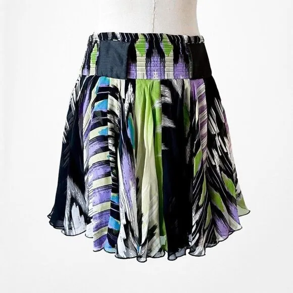 Bebe Black Silk White Purple Green Flared Pleated Skater Flowy Mini Skirt Size S