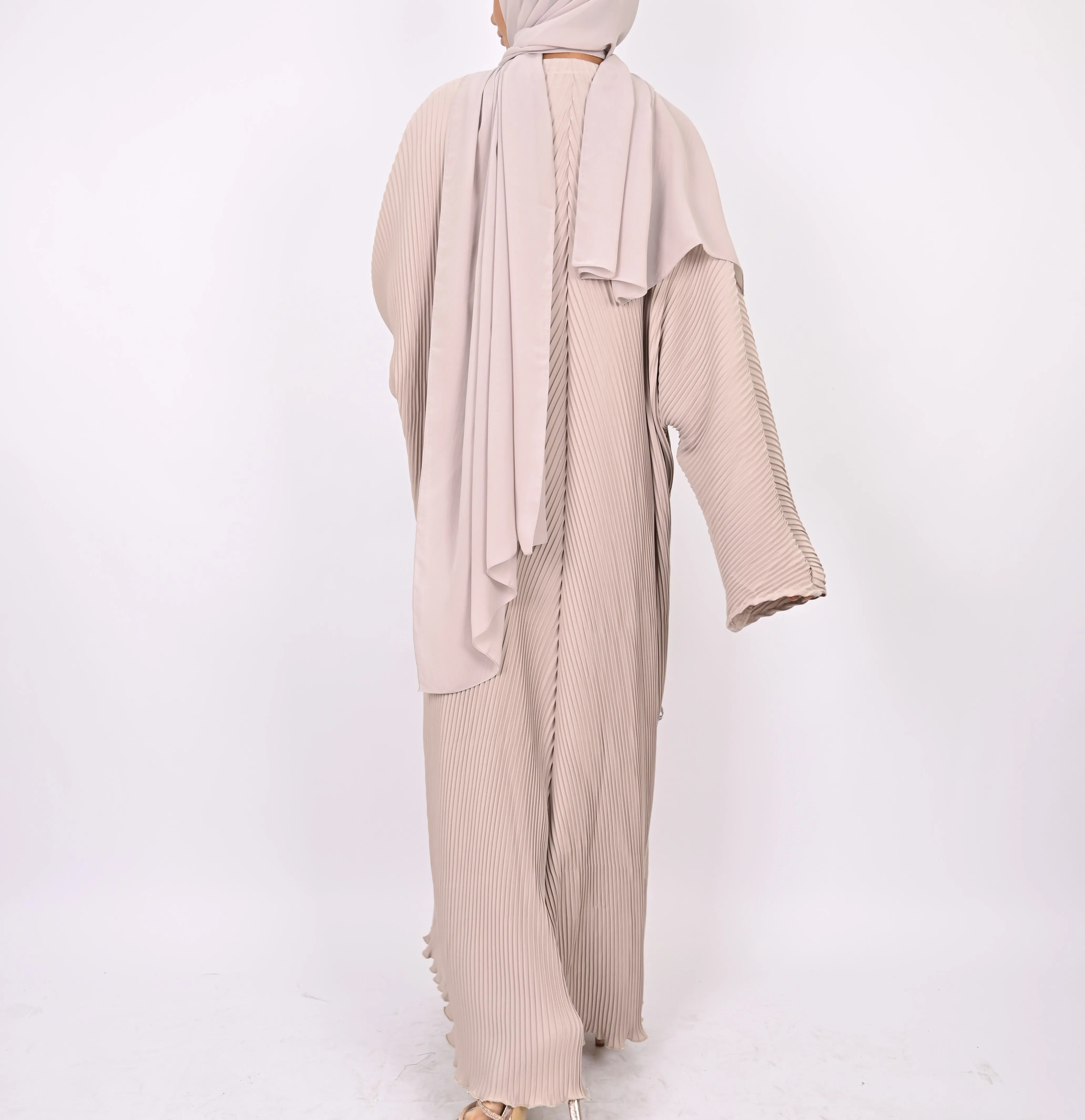 Beige - Pleated Batwing Abaya