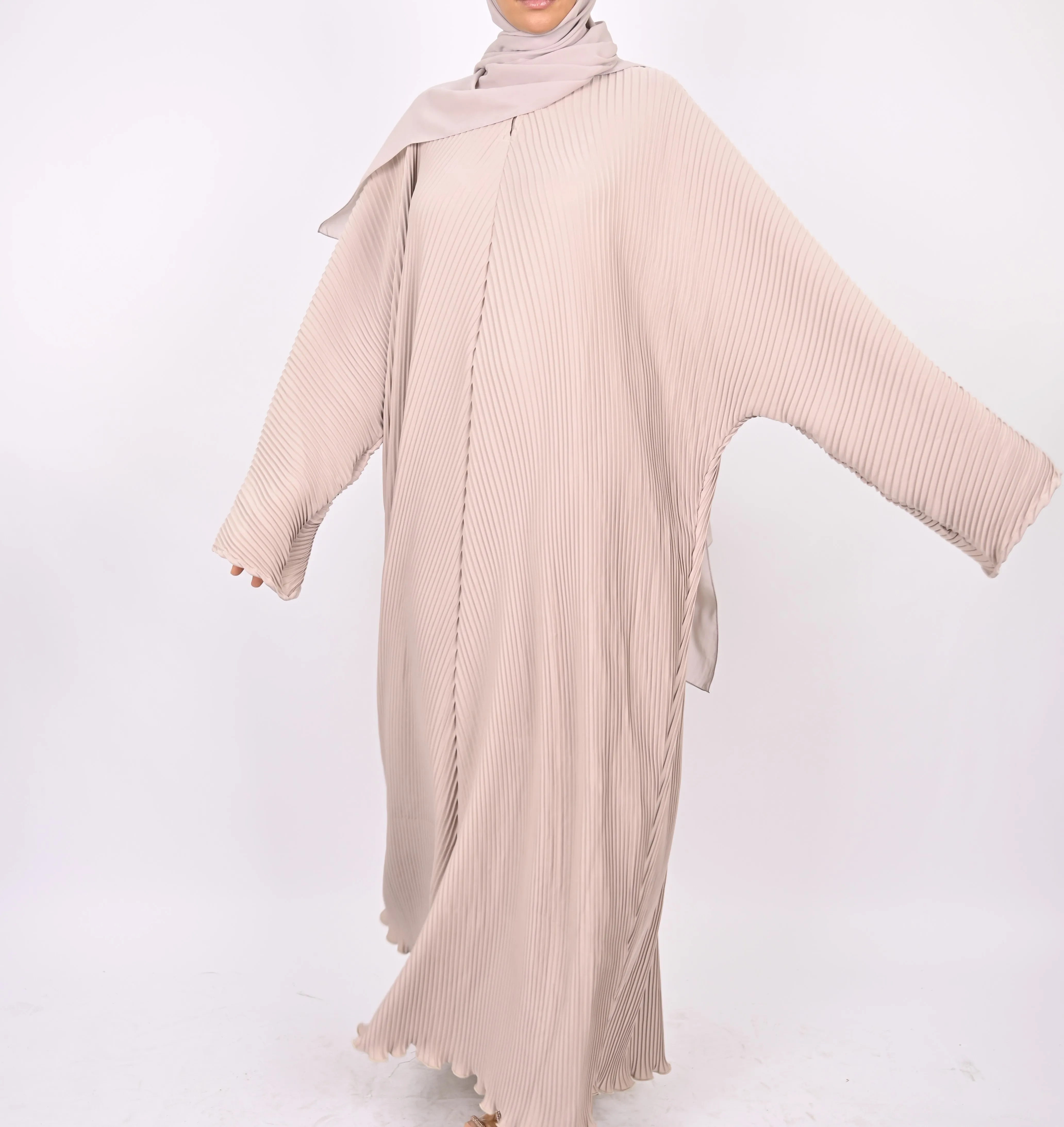 Beige - Pleated Batwing Abaya