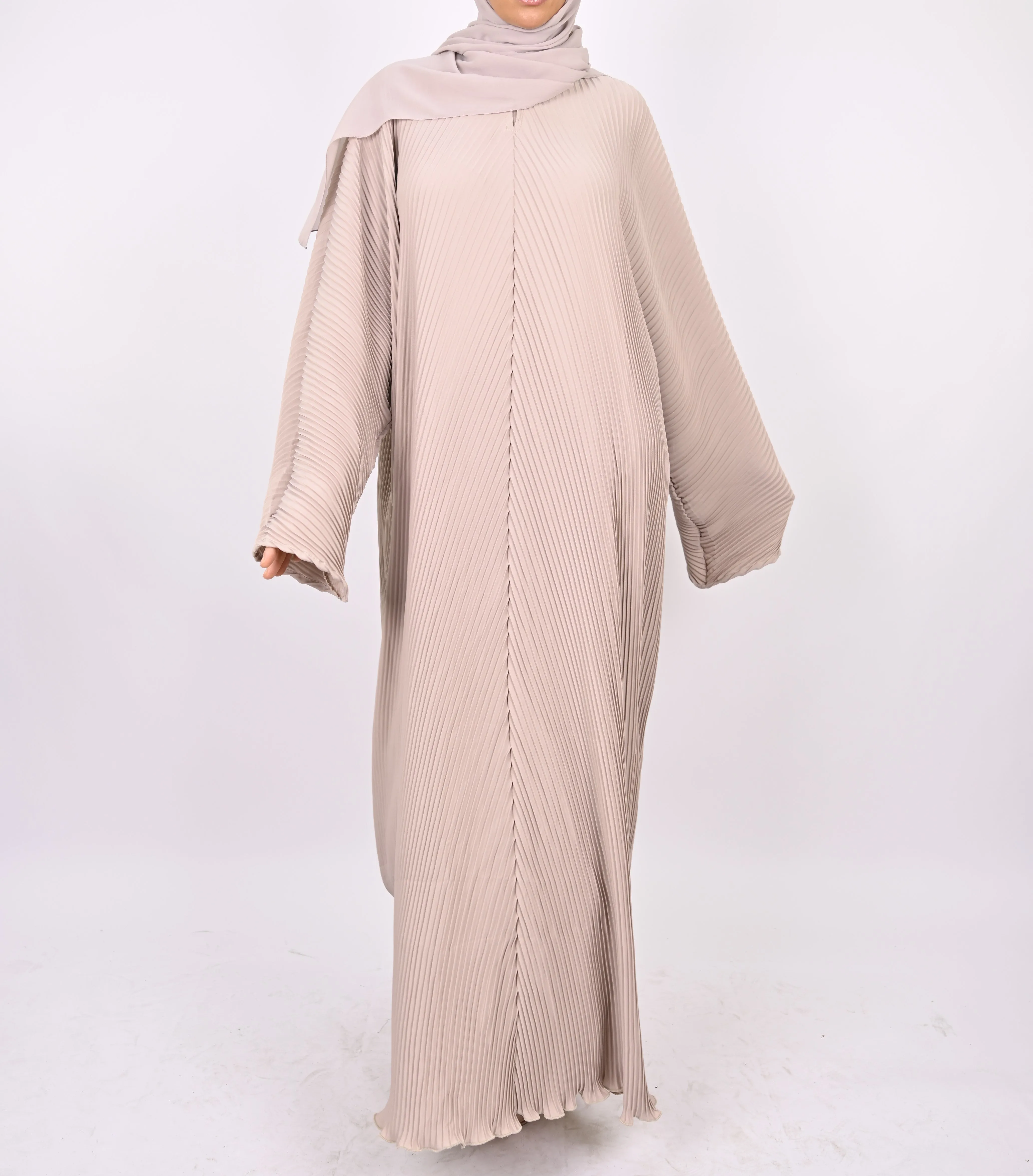 Beige - Pleated Batwing Abaya