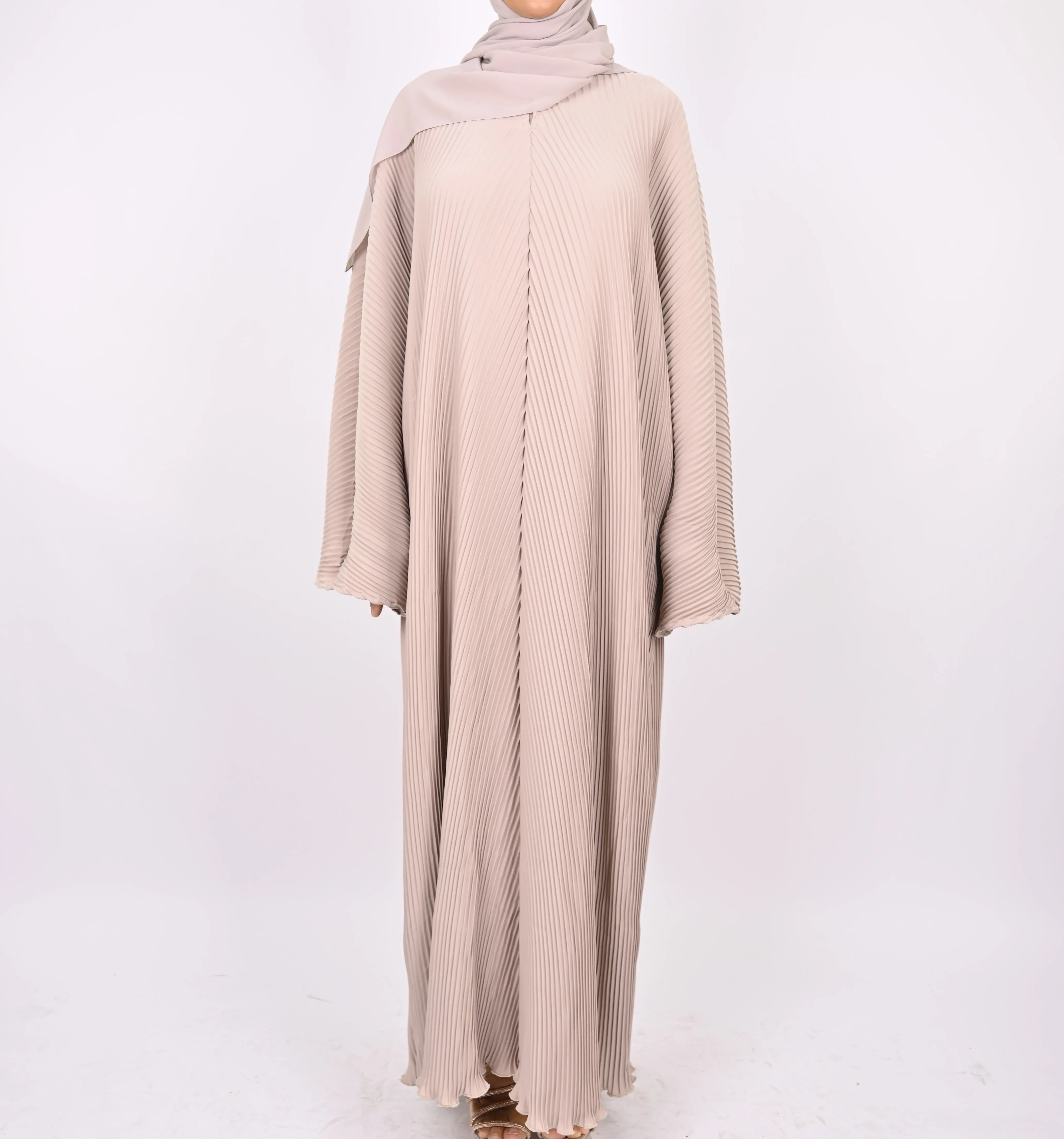 Beige - Pleated Batwing Abaya