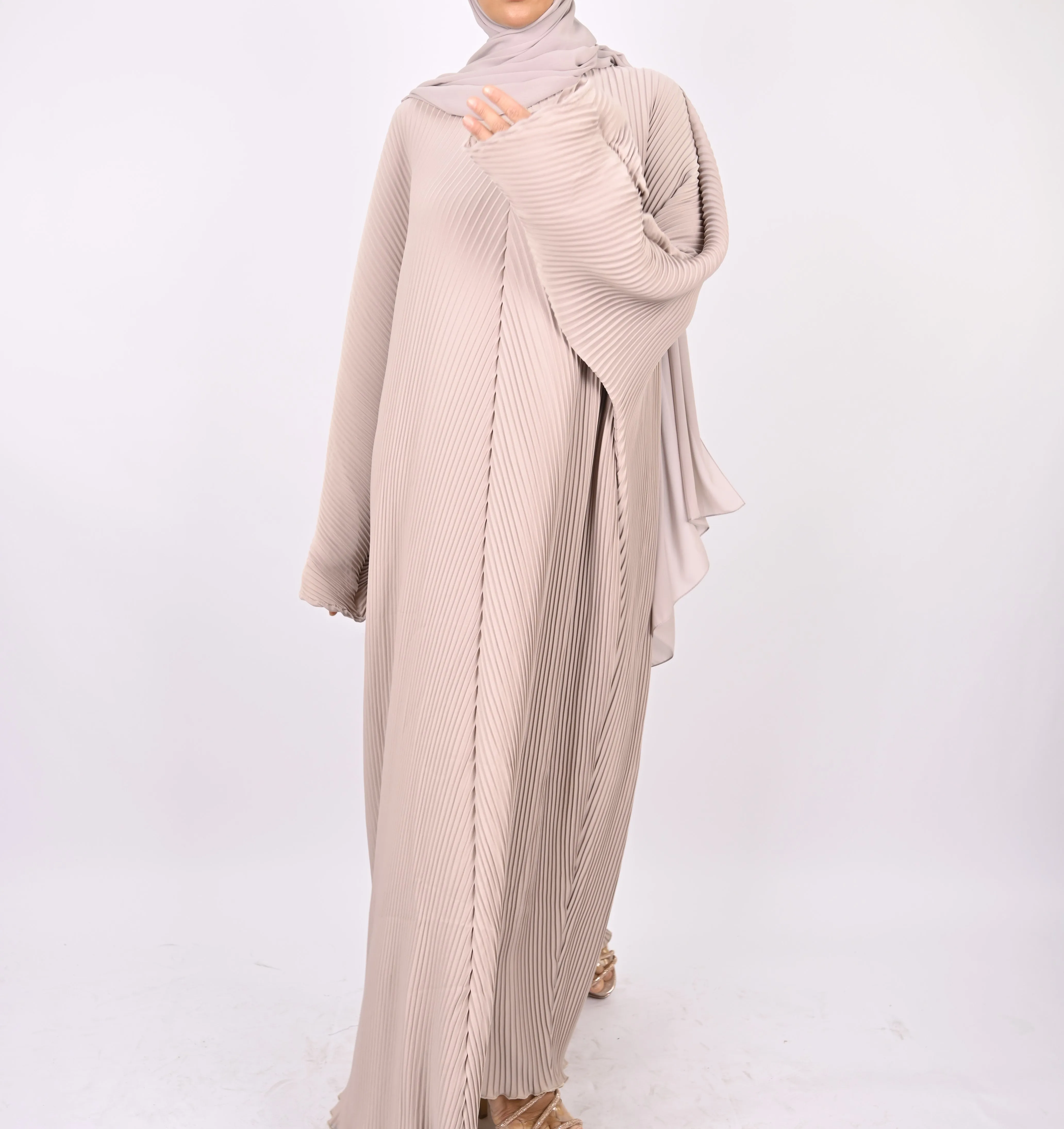 Beige - Pleated Batwing Abaya