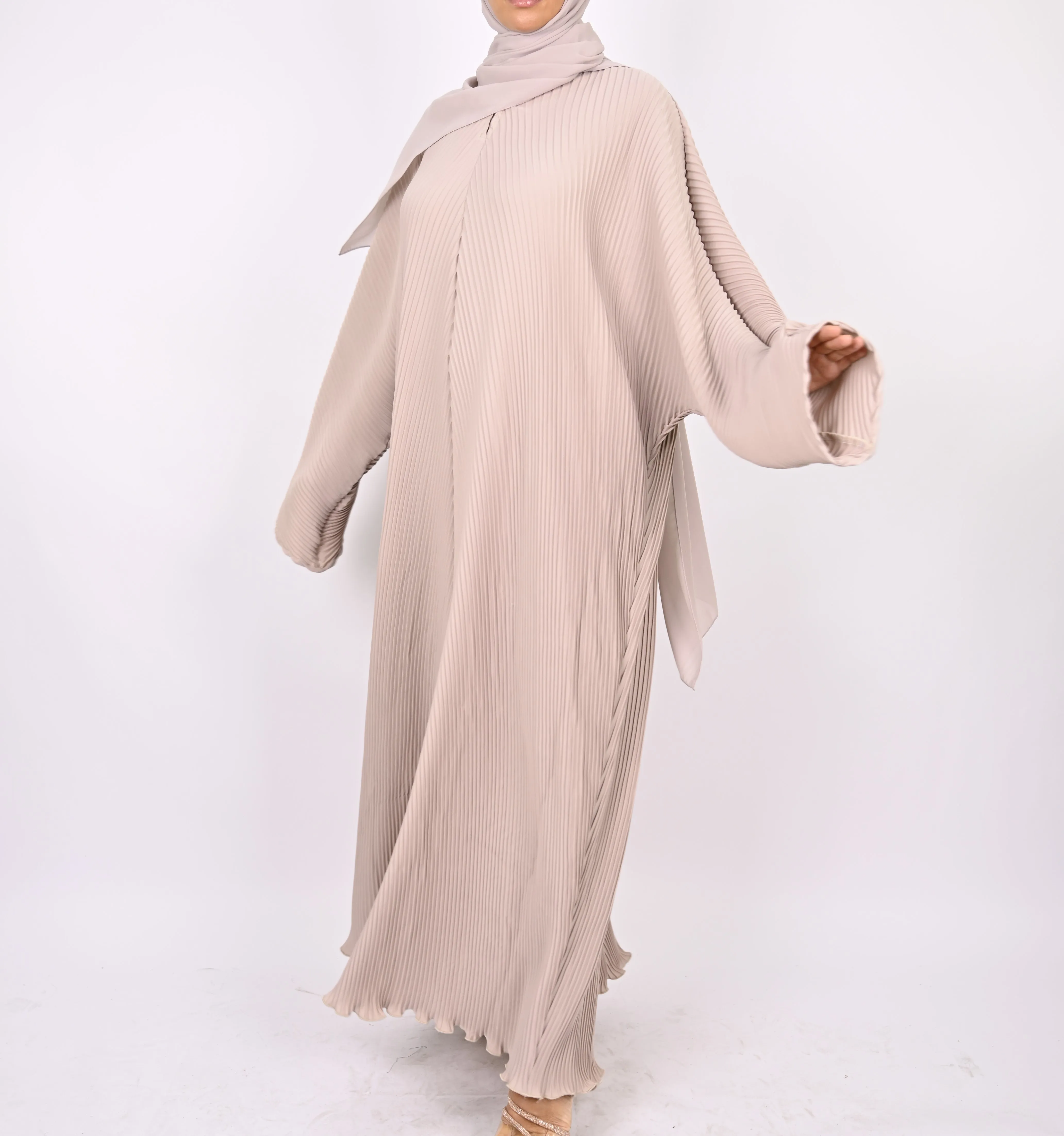 Beige - Pleated Batwing Abaya