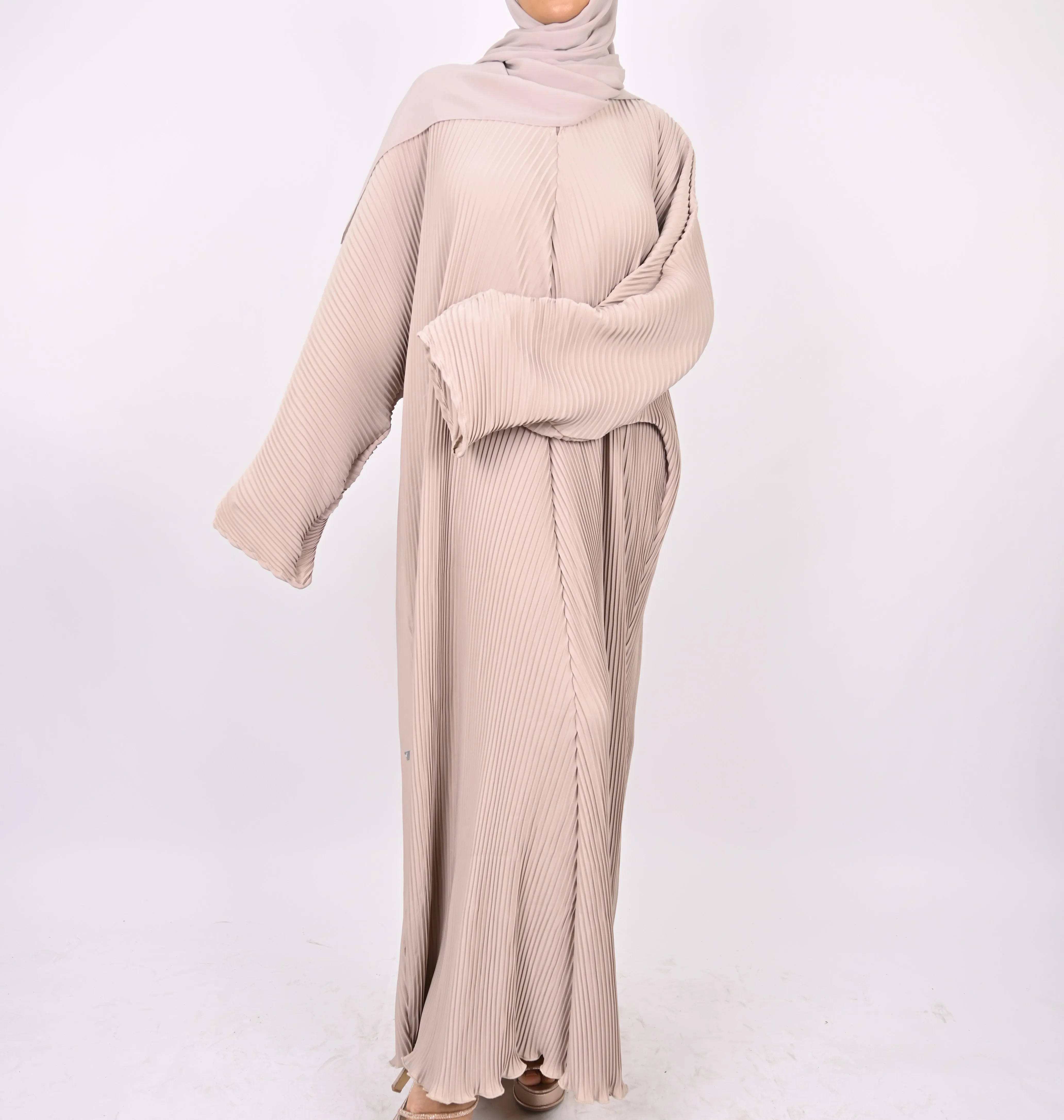 Beige - Pleated Batwing Abaya