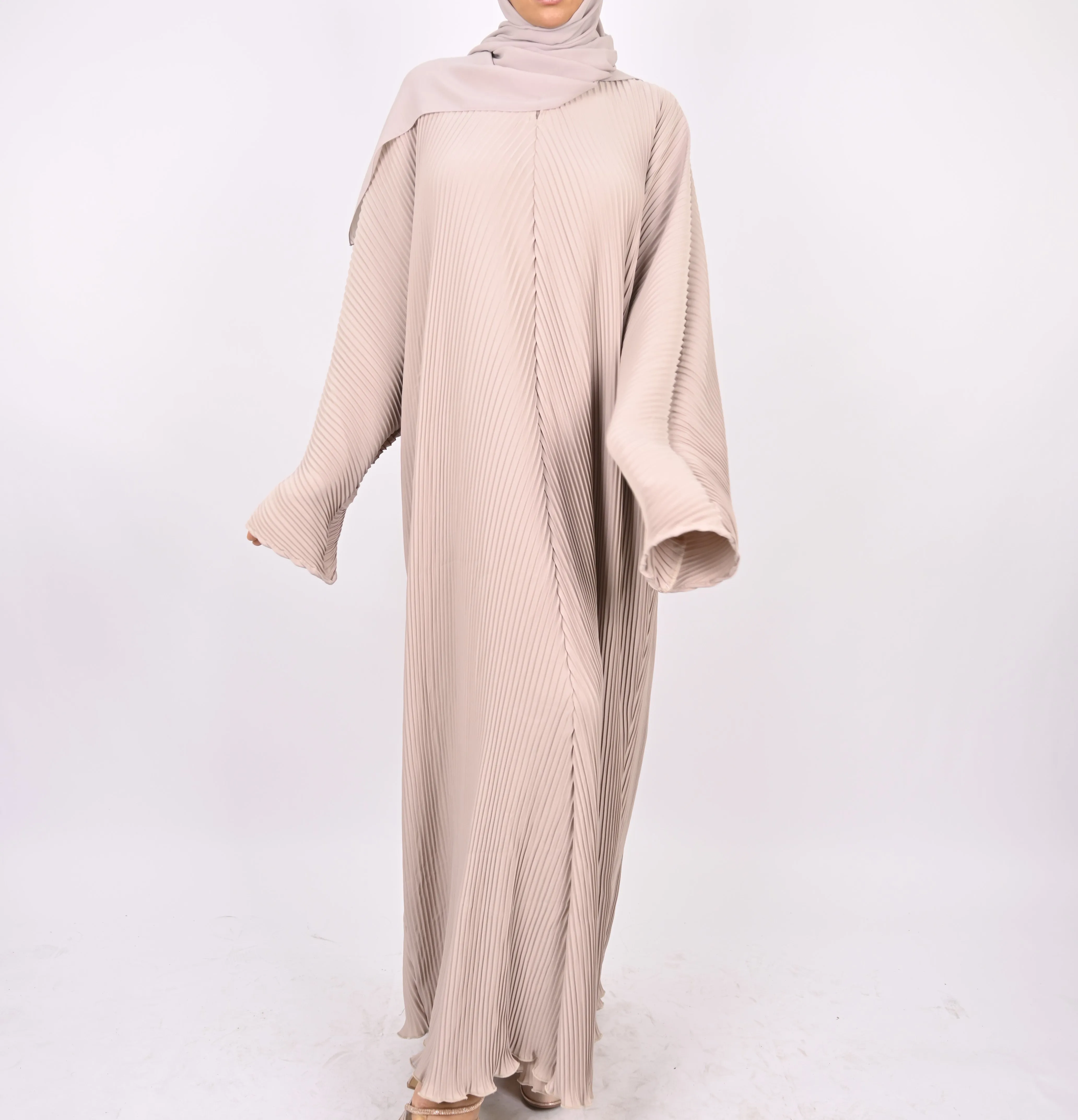 Beige - Pleated Batwing Abaya