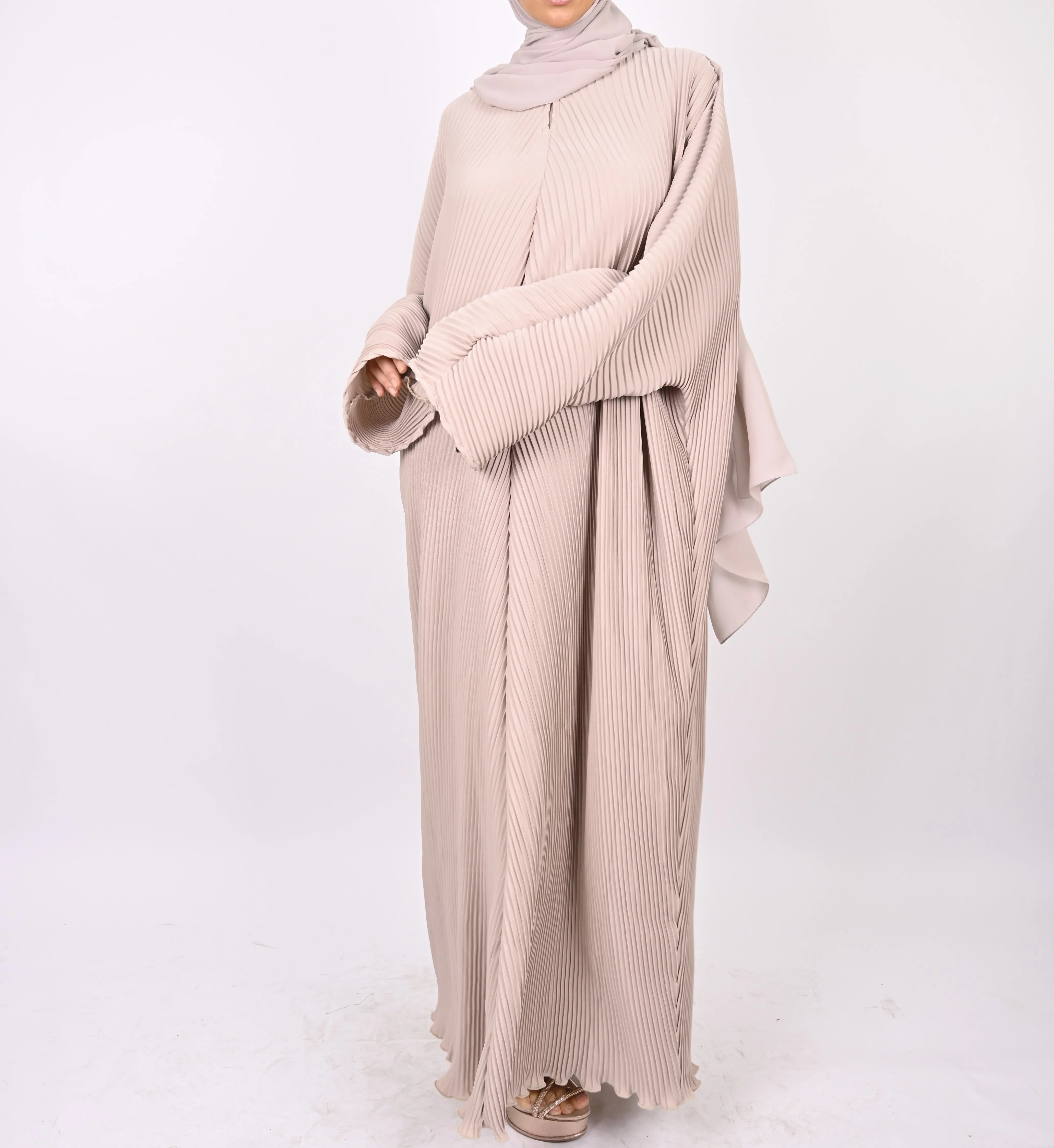 Beige - Pleated Batwing Abaya