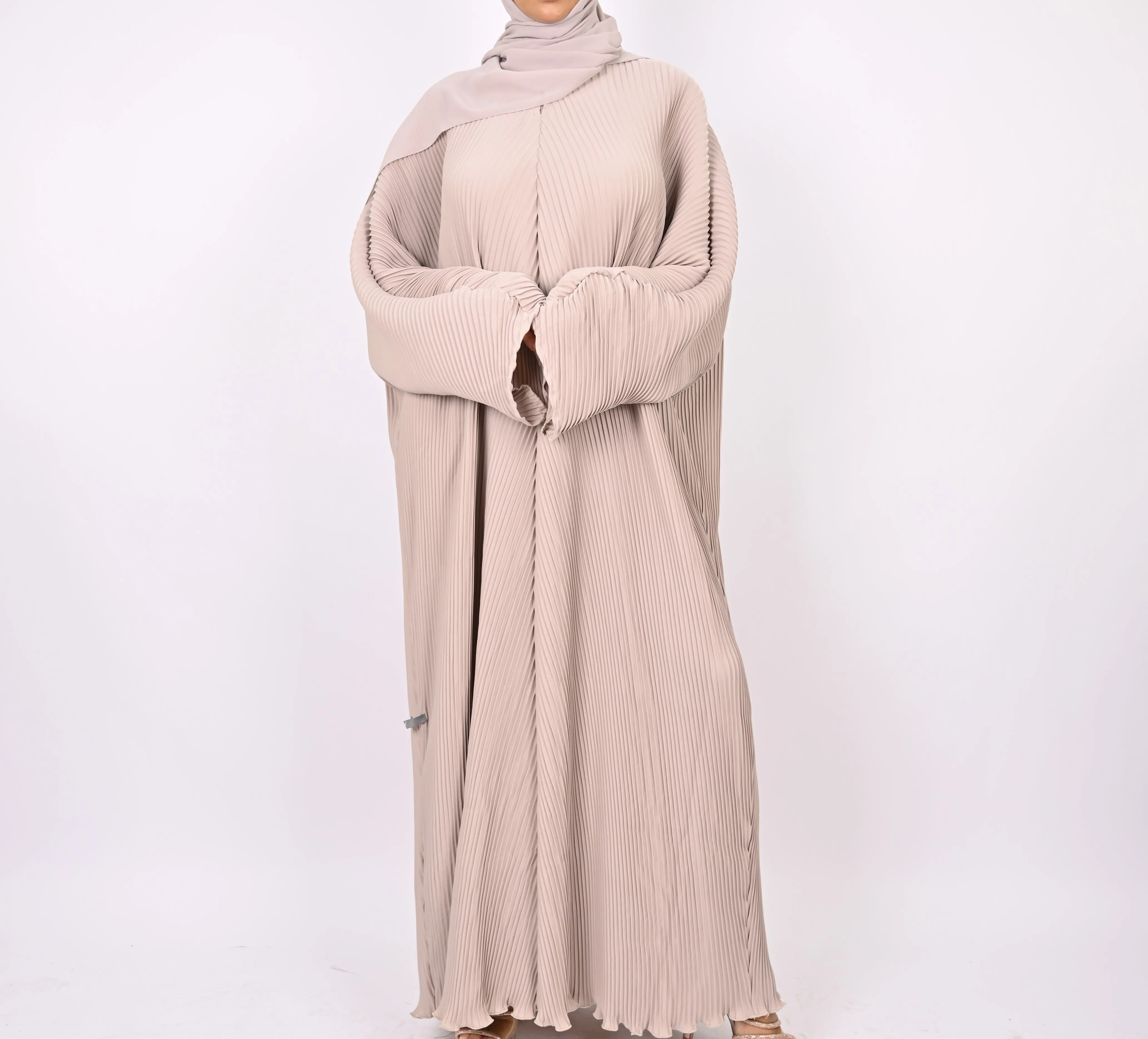 Beige - Pleated Batwing Abaya