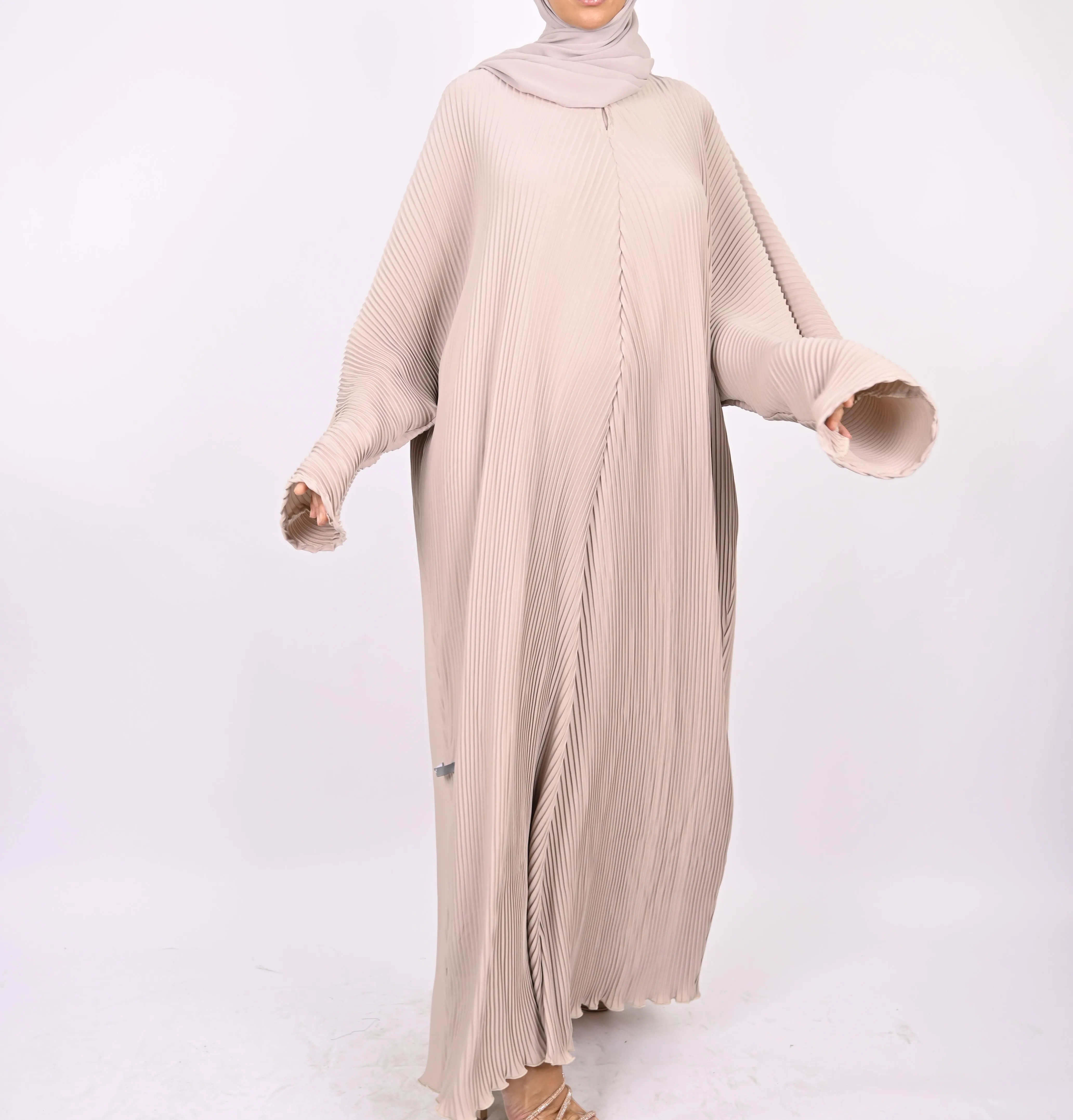 Beige - Pleated Batwing Abaya