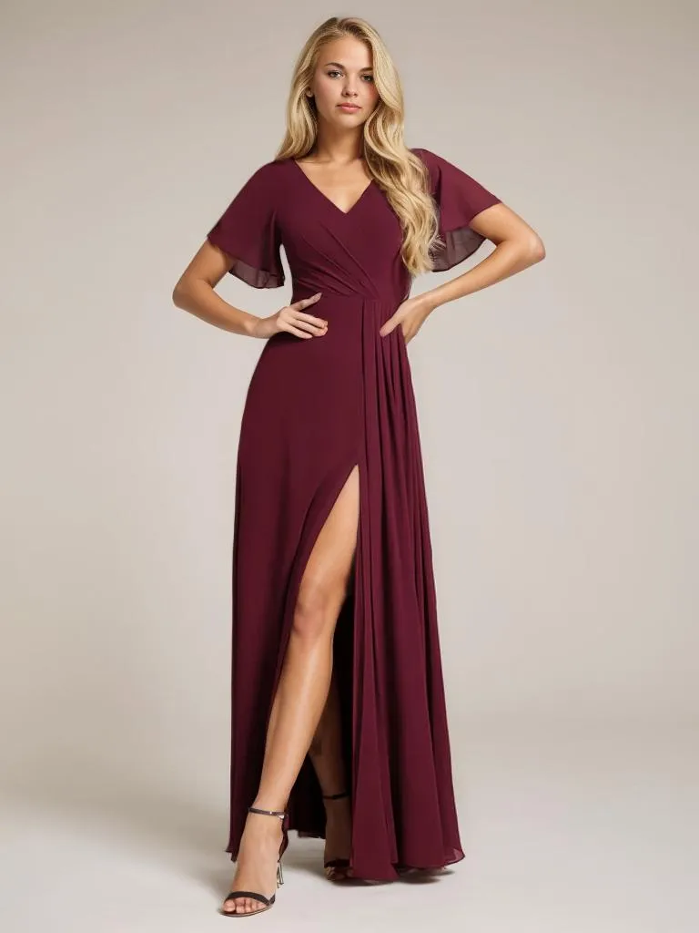 Bernice chiffon sleeved bridesmaid dress with slit