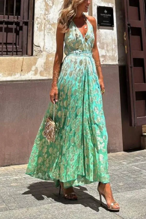 Bianca Tie-dye Ombre Gold Floral Print A-line Halterneck Maxi Dress