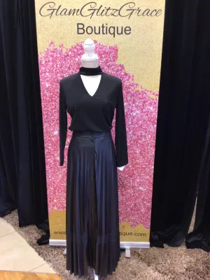 Black Maxi Faux Leather Pleated Skirt