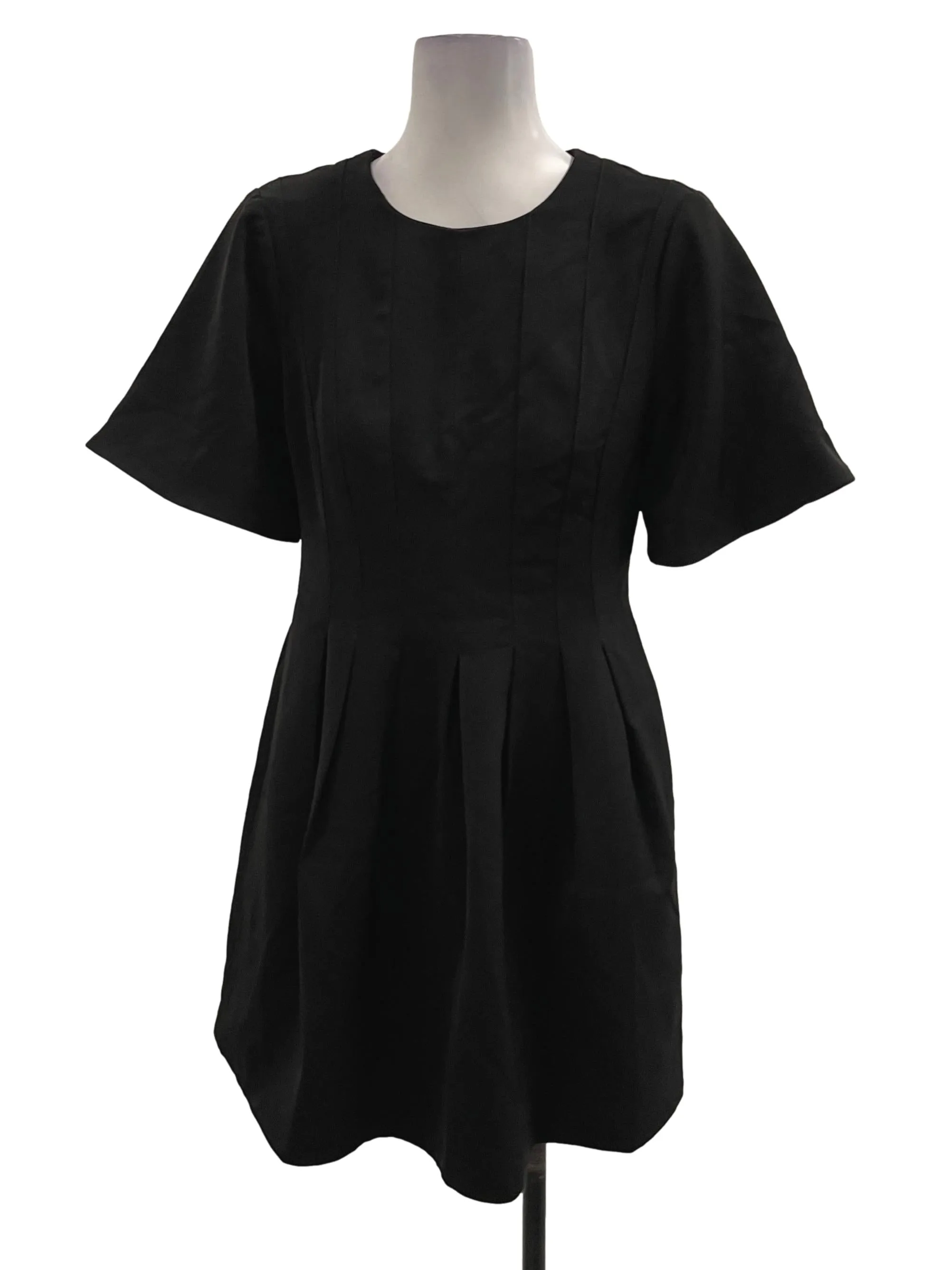 Black Roundneck Pleated Mini Dress