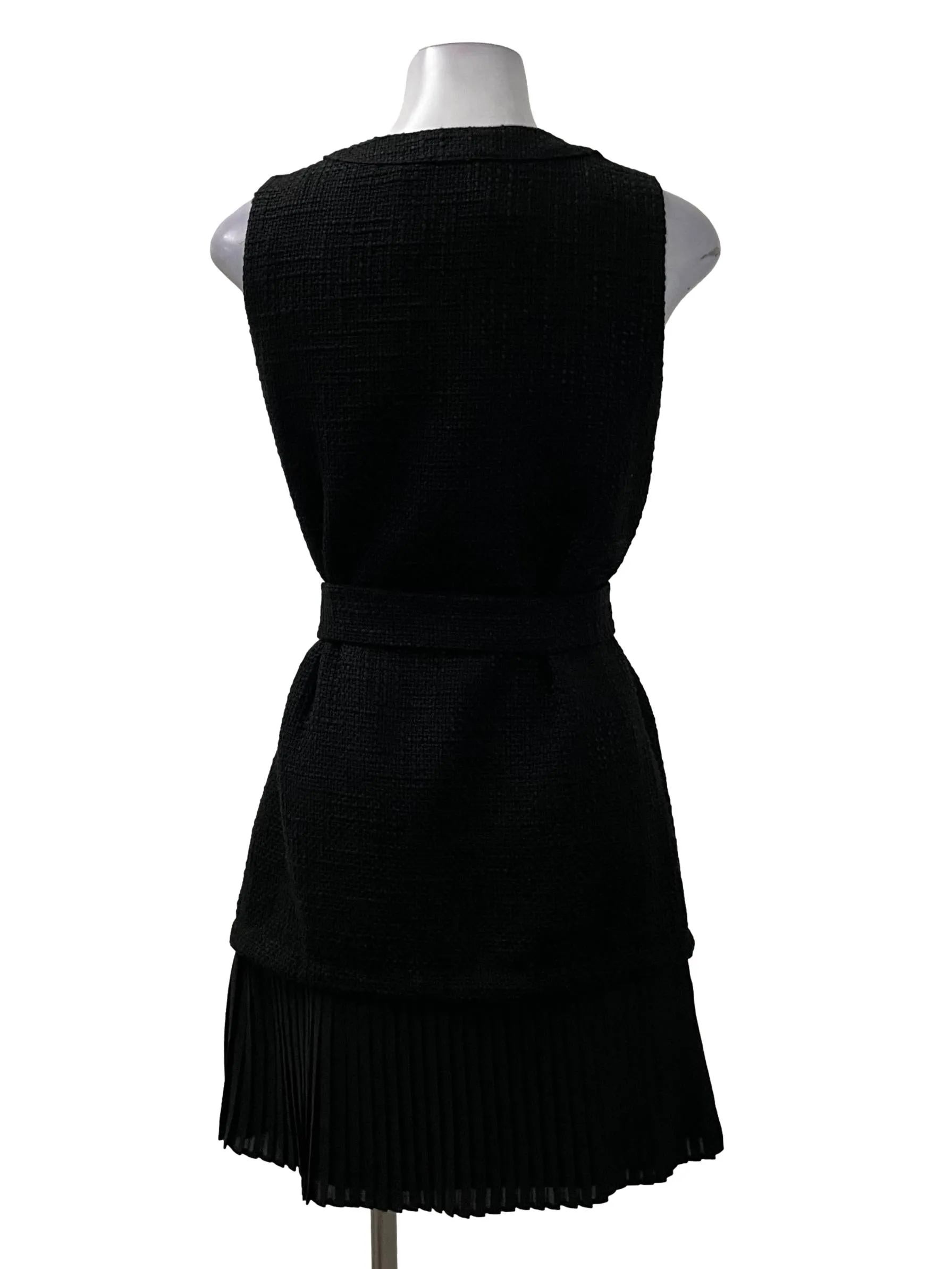 Black Tweed Tie Pleated Dress