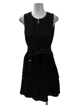 Black Tweed Tie Pleated Dress