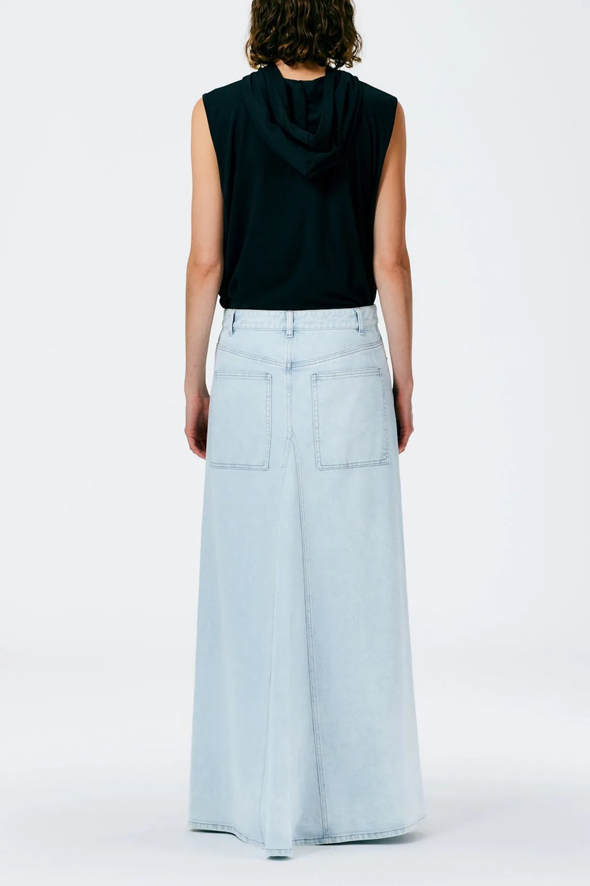 Bleached Denim Godet Maxi Skirt in Bleached Denim