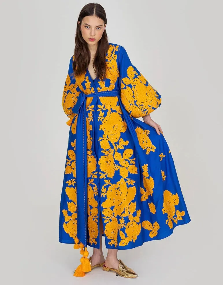 Blue embroidered dress with yellow roses