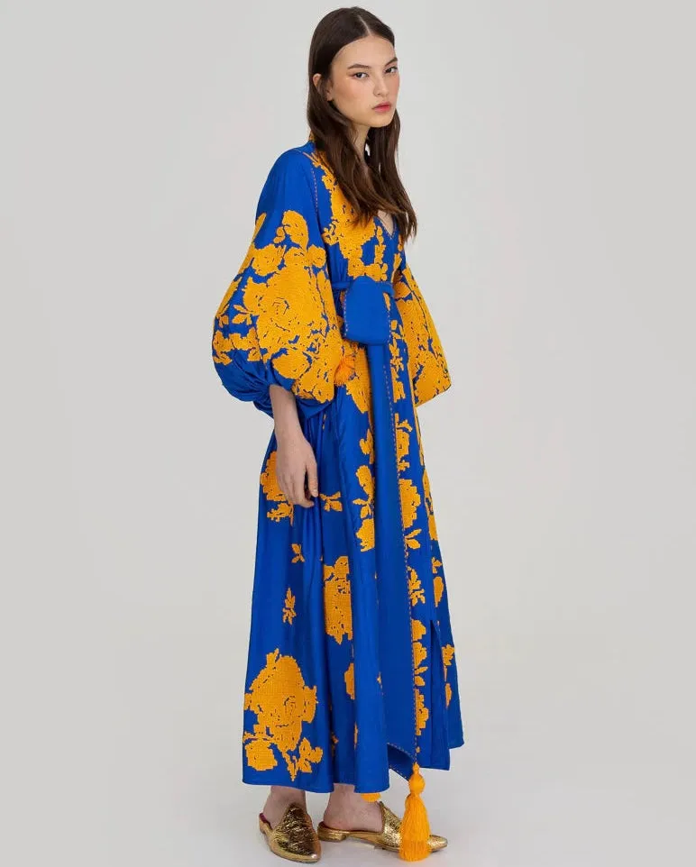 Blue embroidered dress with yellow roses