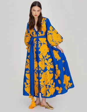 Blue embroidered dress with yellow roses