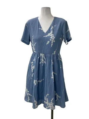 Blue Floral Pleated V Neck Dress