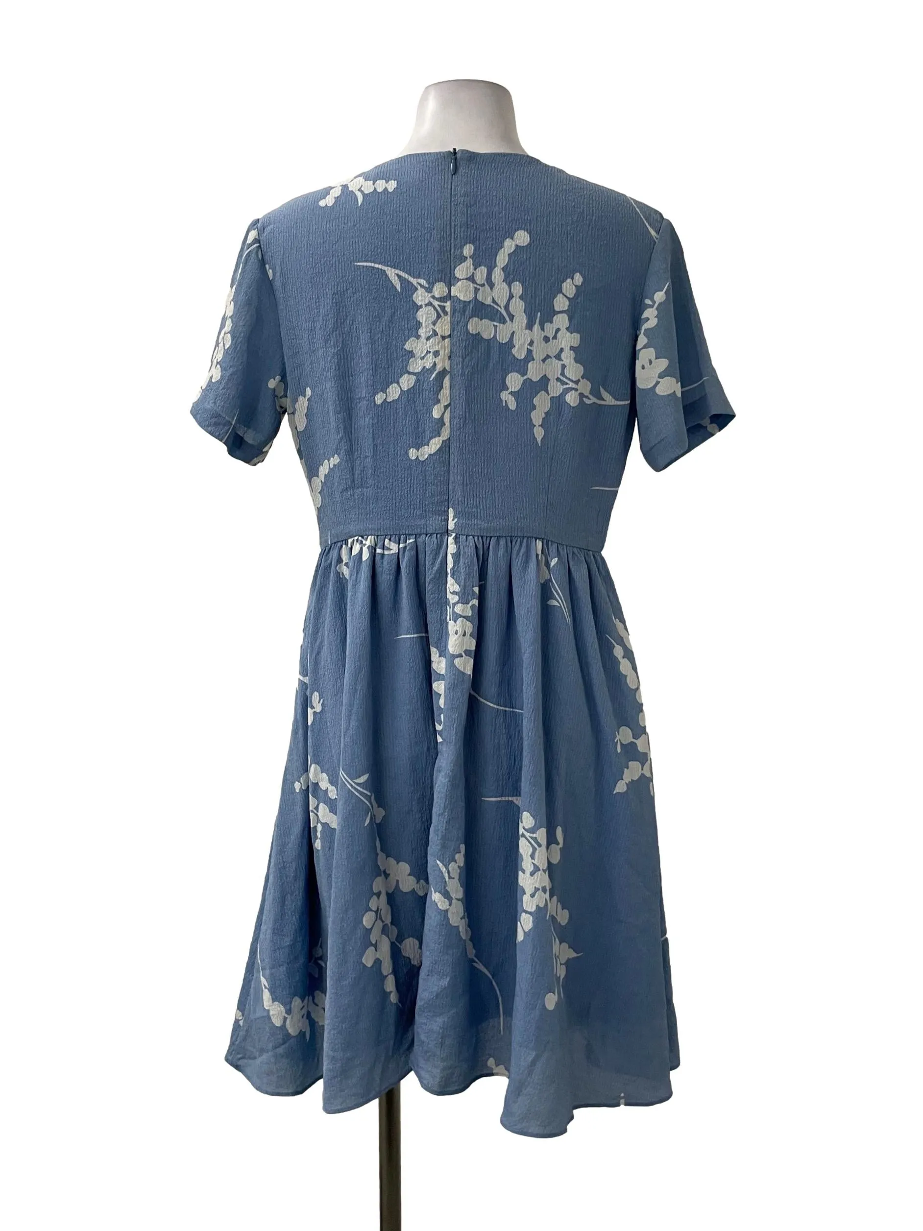 Blue Floral Pleated V Neck Dress