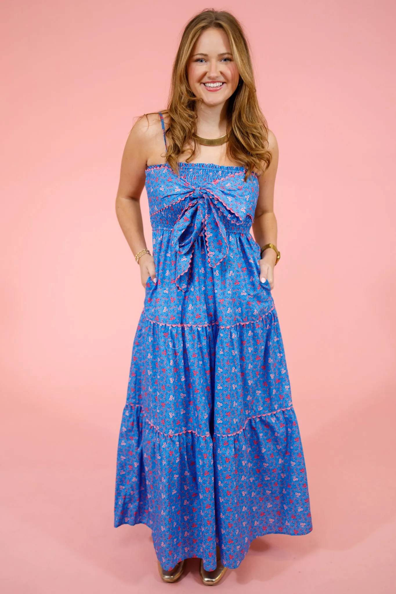 Blue Flower Front Bow Dress