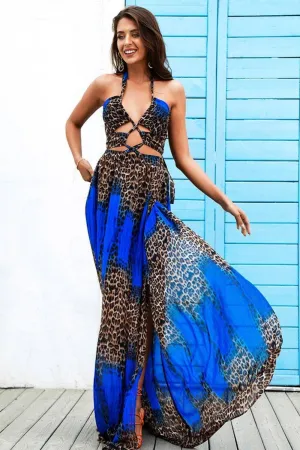 Blue Leopard Print Cut Out Boho Maxi Dress