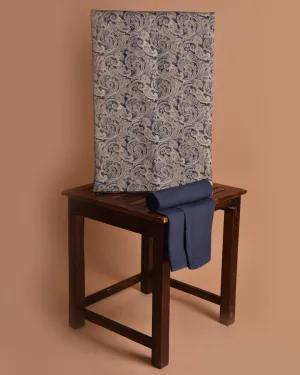 Blue Pure Linen Printed Unstitched Co-ord Set Fabric With Linen Bottom Fabric