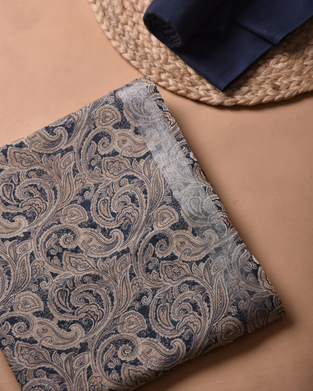 Blue Pure Linen Printed Unstitched Co-ord Set Fabric With Linen Bottom Fabric