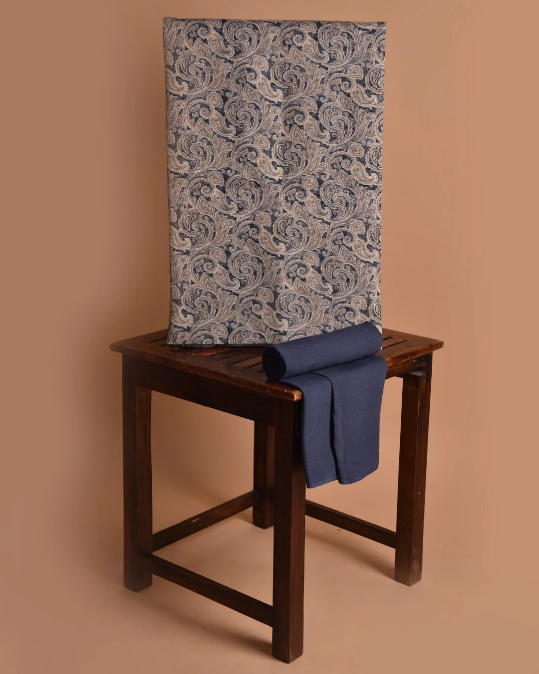 Blue Pure Linen Printed Unstitched Co-ord Set Fabric With Linen Bottom Fabric
