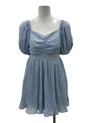 Blue Ruched Puff Sleeve Pleated Dress