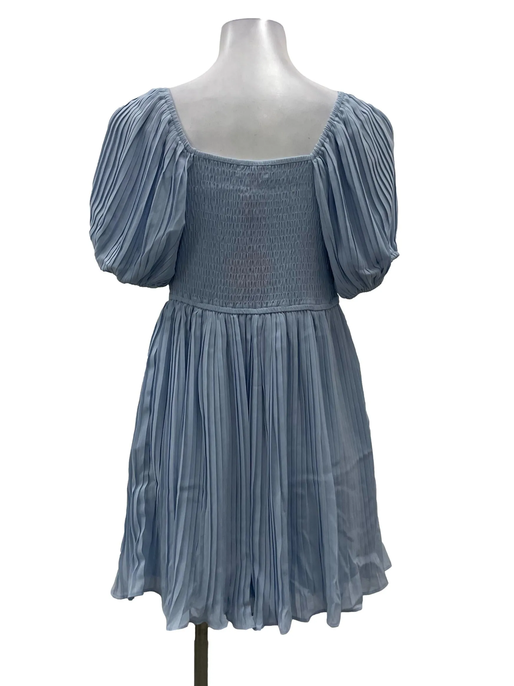 Blue Ruched Puff Sleeve Pleated Dress