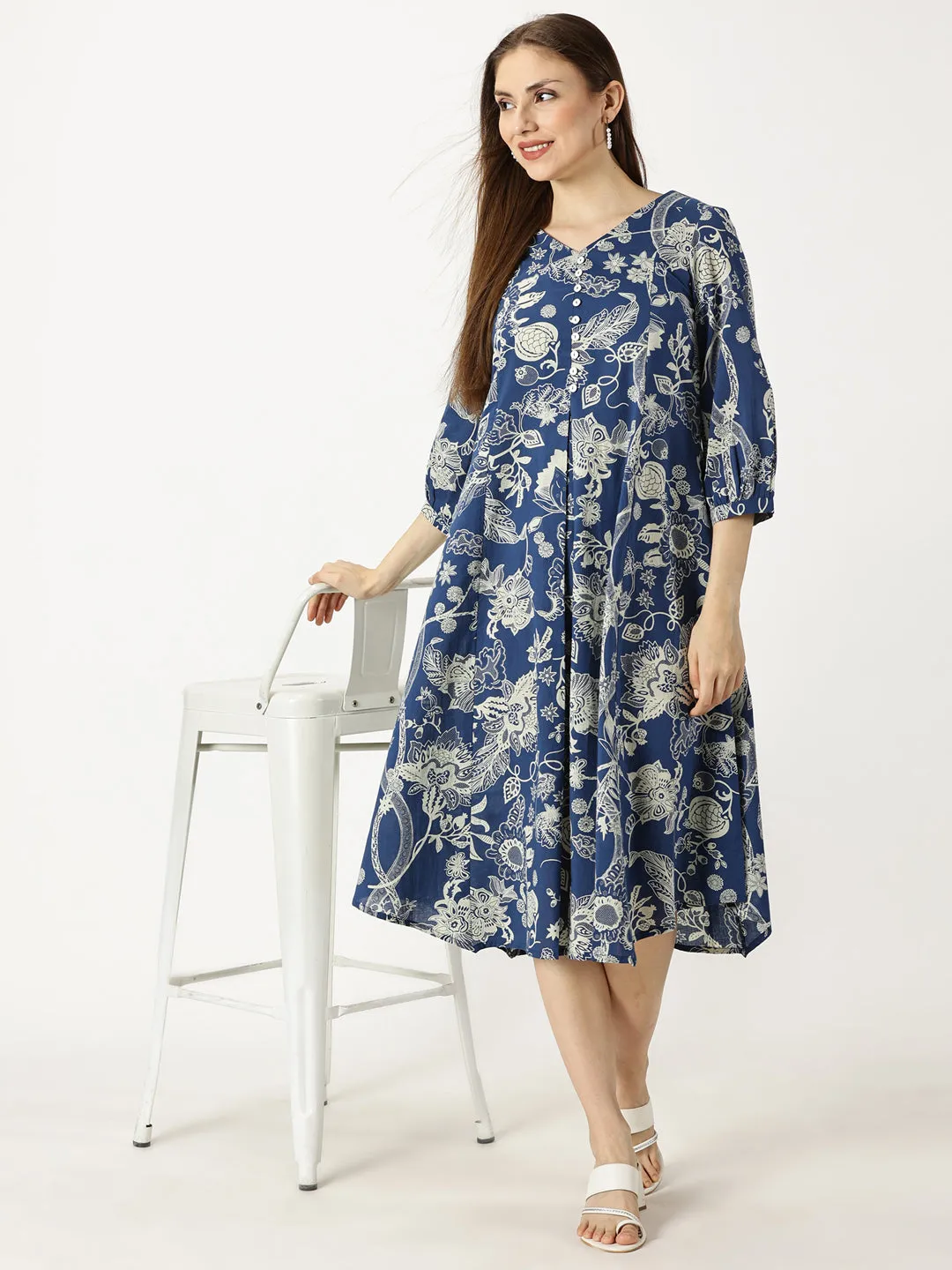Blue Tropical Print Cotton Dress with Back Strap