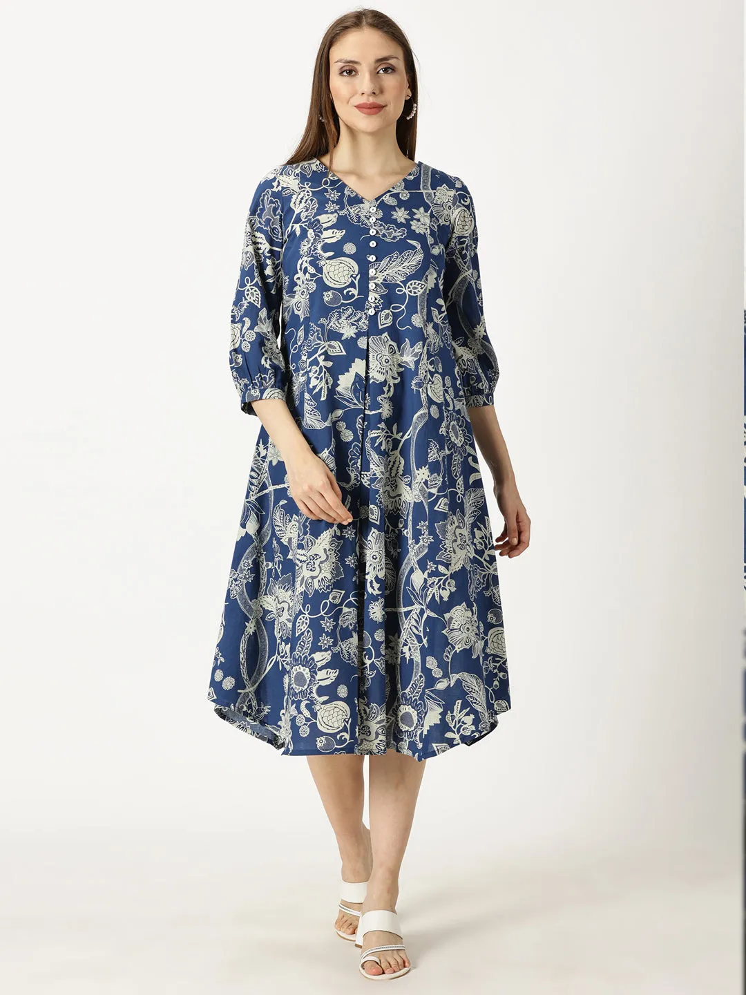 Blue Tropical Print Cotton Dress with Back Strap