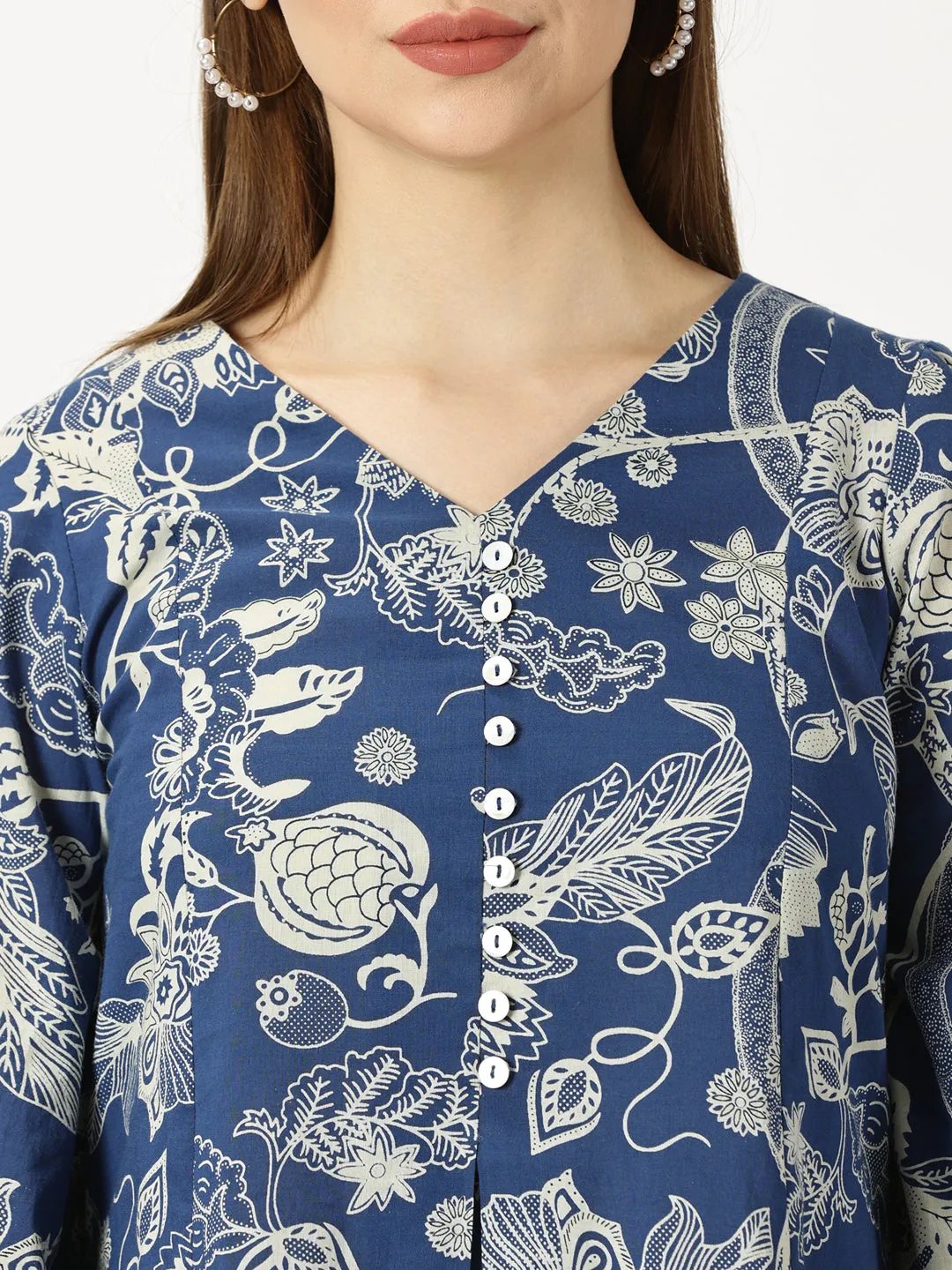 Blue Tropical Print Cotton Dress with Back Strap