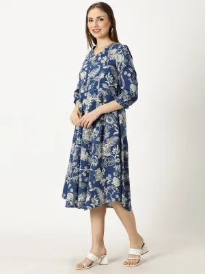Blue Tropical Print Cotton Dress with Back Strap