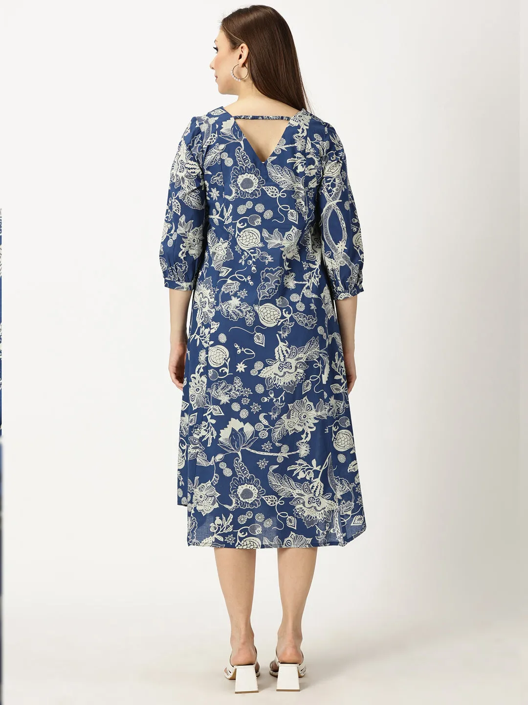 Blue Tropical Print Cotton Dress with Back Strap