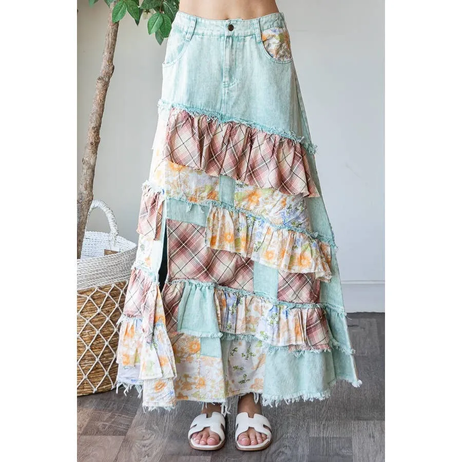 Blue Washed Plaid Flower Patchwork Slit Oli Hali Maxi Skirt
