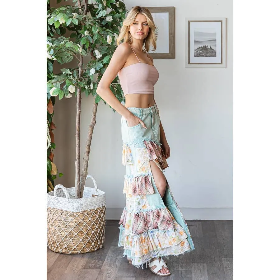 Blue Washed Plaid Flower Patchwork Slit Oli Hali Maxi Skirt