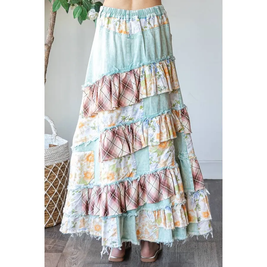 Blue Washed Plaid Flower Patchwork Slit Oli Hali Maxi Skirt