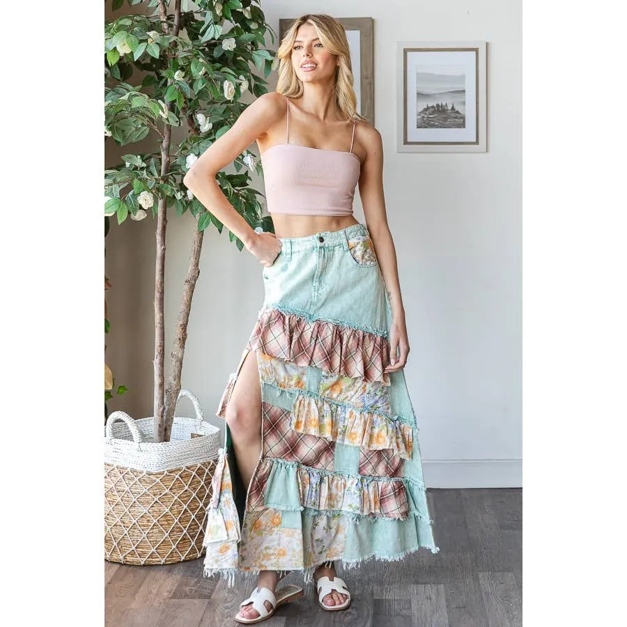 Blue Washed Plaid Flower Patchwork Slit Oli Hali Maxi Skirt