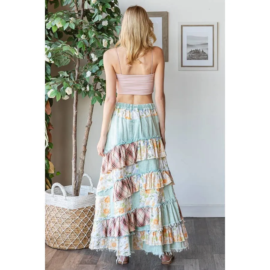 Blue Washed Plaid Flower Patchwork Slit Oli Hali Maxi Skirt