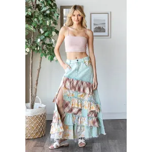 Blue Washed Plaid Flower Patchwork Slit Oli Hali Maxi Skirt