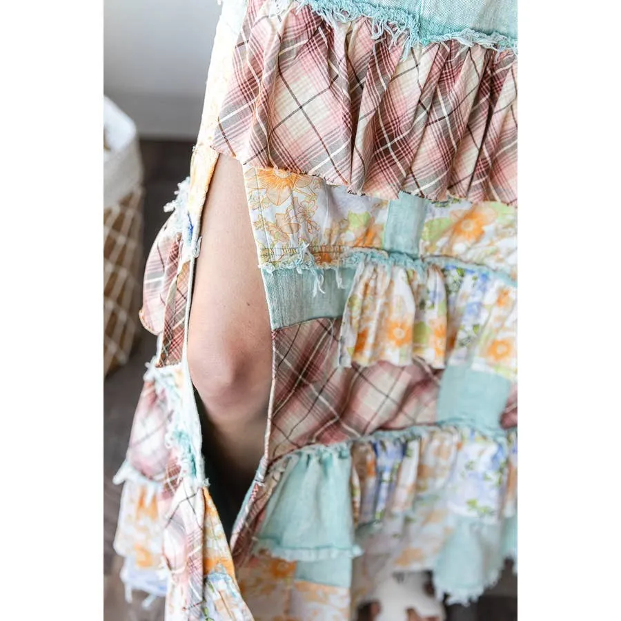 Blue Washed Plaid Flower Patchwork Slit Oli Hali Maxi Skirt