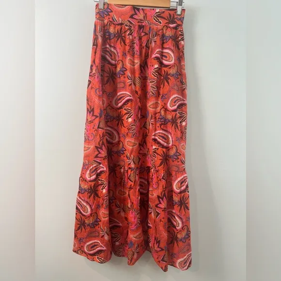 Boden Tiered Cotton Maxi Skirt Coral Paradise Paisley SZ 6P petite Pockets!!